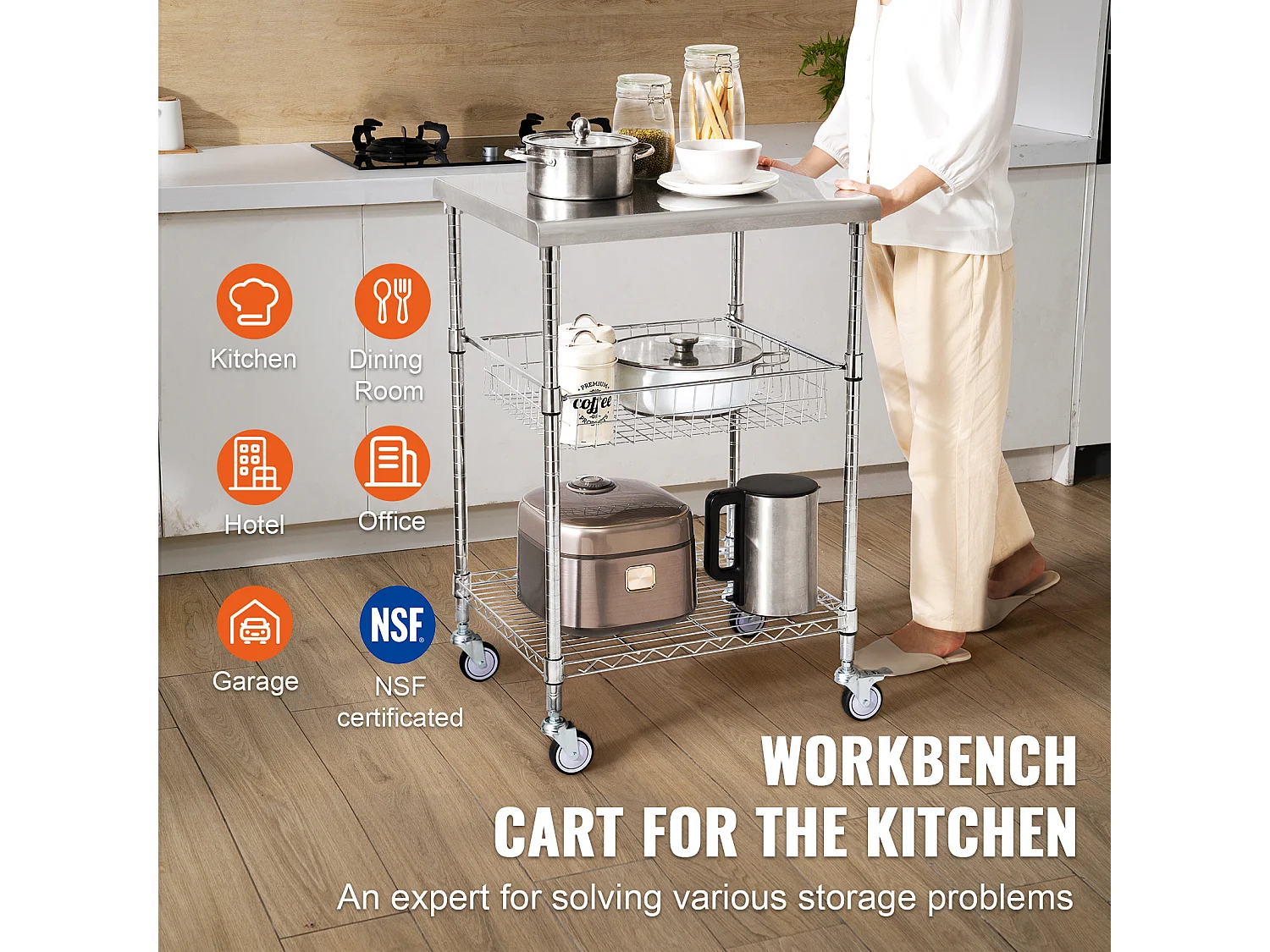 Chariot utilitaire SucceBuy 61 x 50 x 93 cm, 213 kg, 3 niveaux, 6 crochets, chariot à roulettes sur roulettes