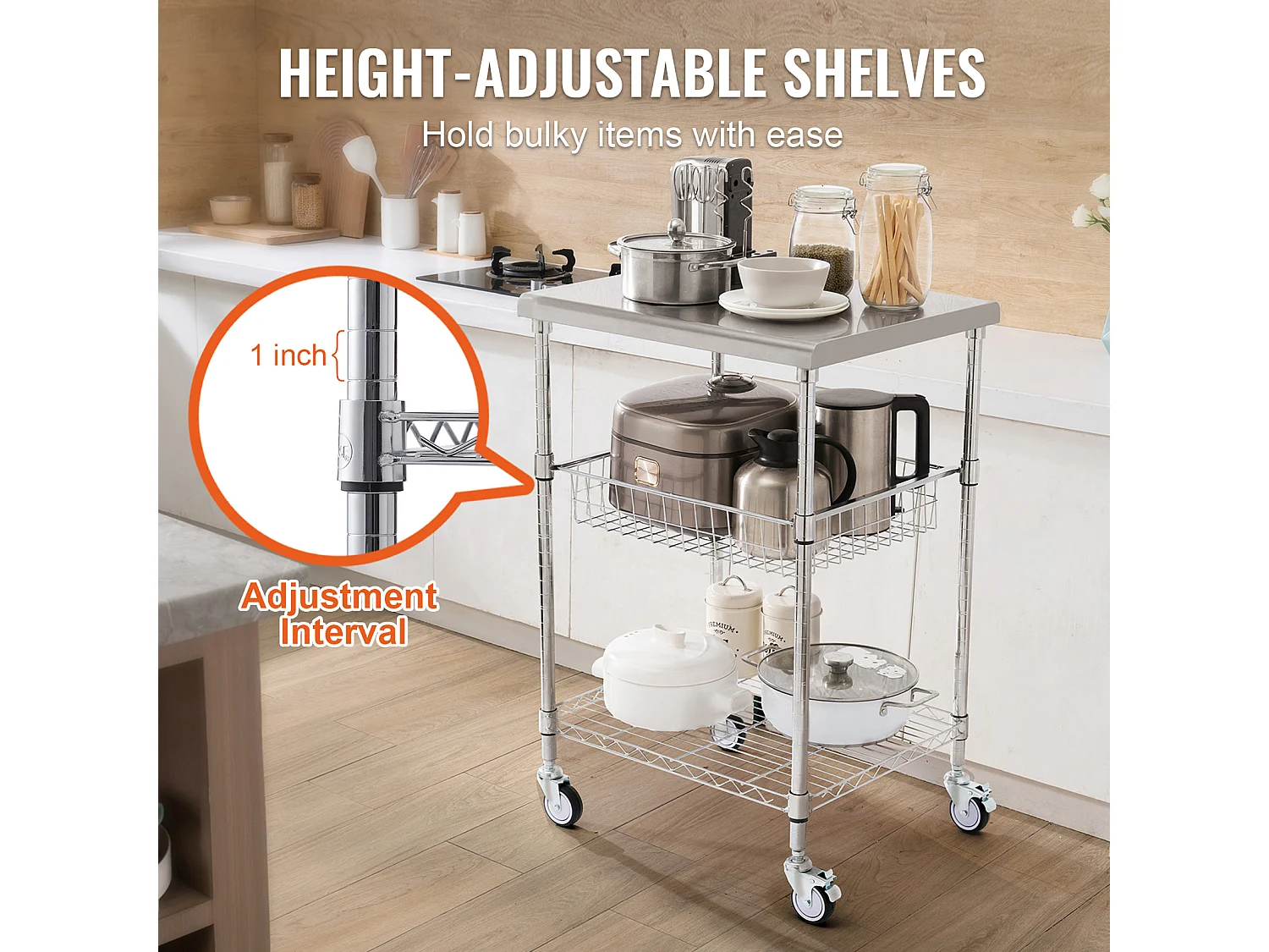 Chariot utilitaire SucceBuy 61 x 50 x 93 cm, 213 kg, 3 niveaux, 6 crochets, chariot à roulettes sur roulettes