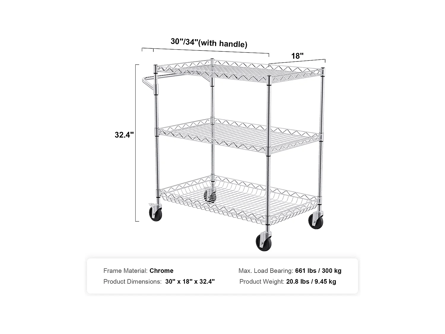 Chariot utilitaire SucceBuy 76,2 x 45,7 x 82,3 cm 300 kg 3 niveaux 6 crochets sur roulettes