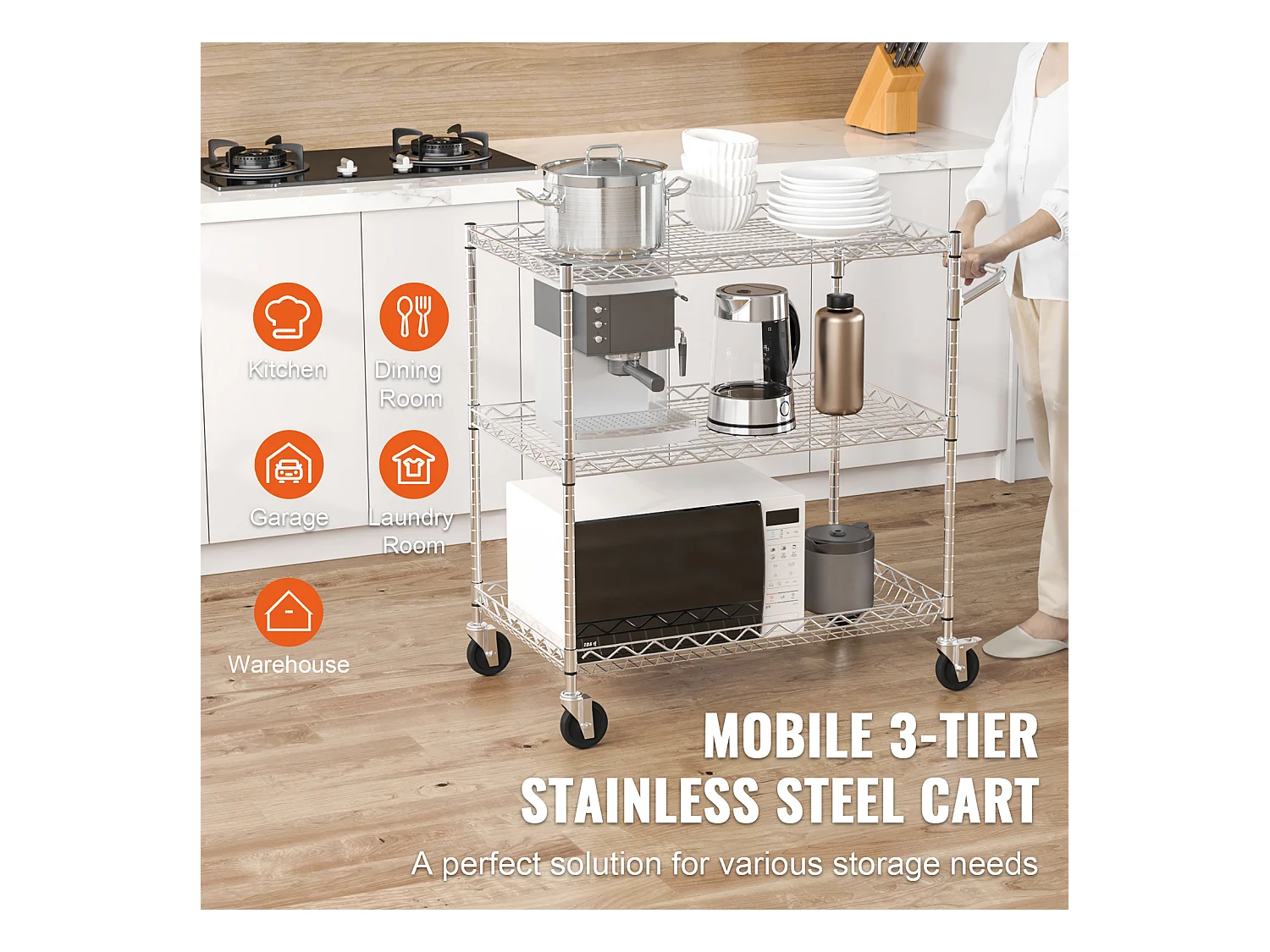 Chariot utilitaire SucceBuy 76,2 x 45,7 x 82,3 cm 300 kg 3 niveaux 6 crochets sur roulettes