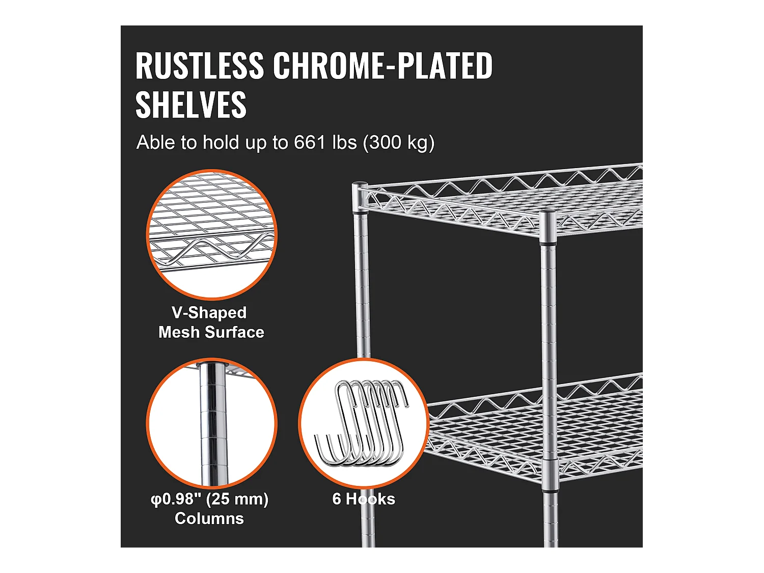 Chariot utilitaire SucceBuy 76,2 x 45,7 x 82,3 cm 300 kg 3 niveaux 6 crochets sur roulettes