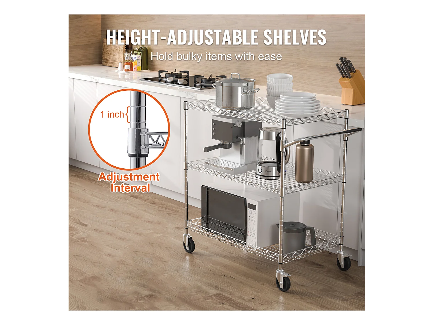 Chariot utilitaire SucceBuy 76,2 x 45,7 x 82,3 cm 300 kg 3 niveaux 6 crochets sur roulettes