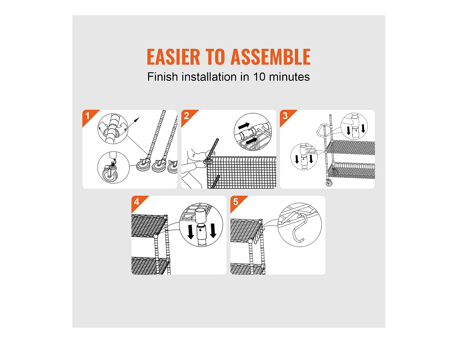 Chariot utilitaire SucceBuy 76,2 x 45,7 x 82,3 cm 300 kg 3 niveaux 6 crochets sur roulettes