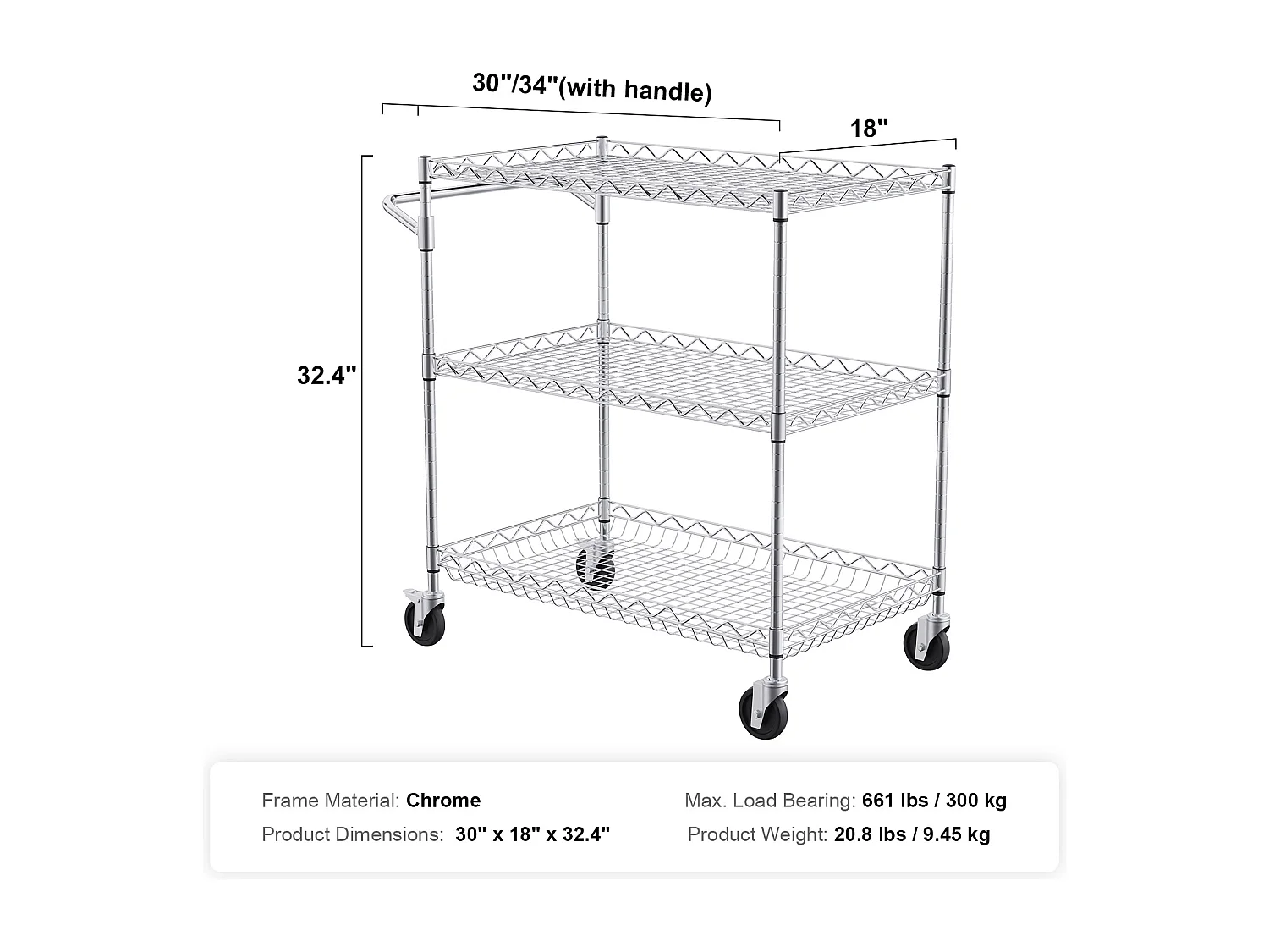 Chariot utilitaire SucceBuy 76,2 x 45,7 x 82,3 cm 300 kg 3 niveaux 6 crochets sur roulettes