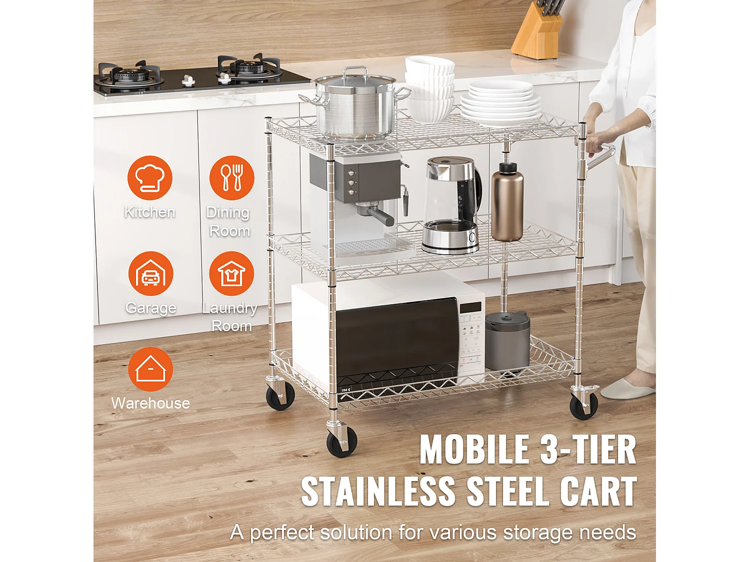 Chariot utilitaire SucceBuy 76,2 x 45,7 x 82,3 cm 300 kg 3 niveaux 6 crochets sur roulettes