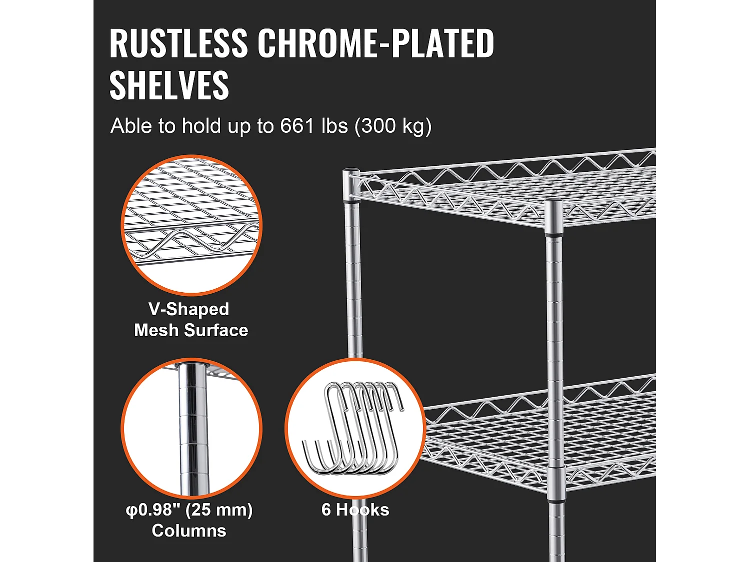 Chariot utilitaire SucceBuy 76,2 x 45,7 x 82,3 cm 300 kg 3 niveaux 6 crochets sur roulettes