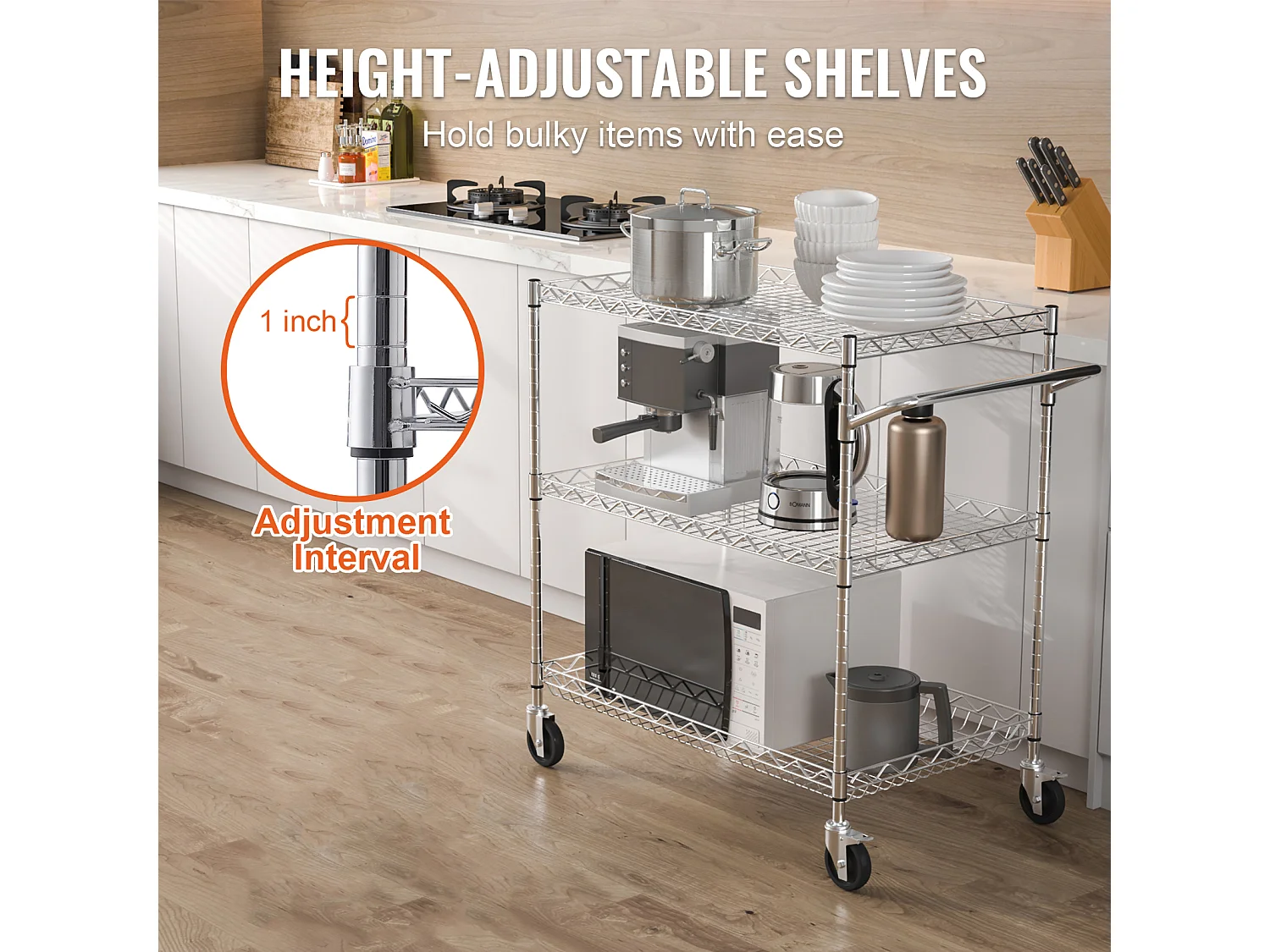 Chariot utilitaire SucceBuy 76,2 x 45,7 x 82,3 cm 300 kg 3 niveaux 6 crochets sur roulettes