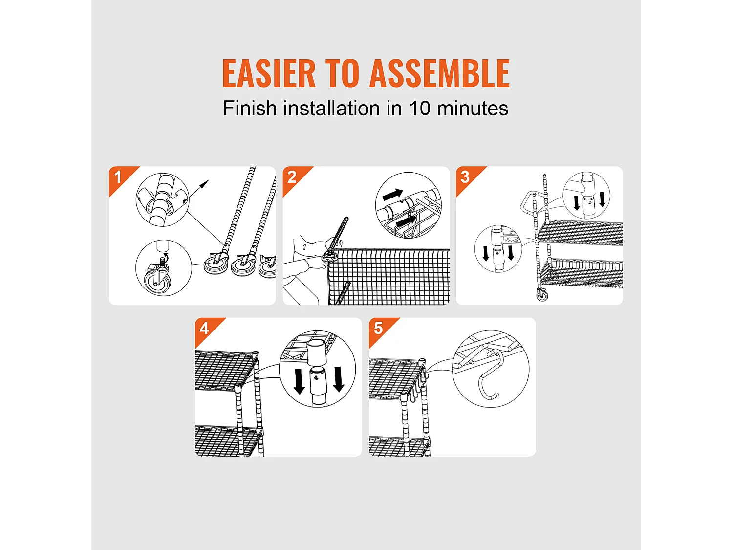 Chariot utilitaire SucceBuy 76,2 x 45,7 x 82,3 cm 300 kg 3 niveaux 6 crochets sur roulettes