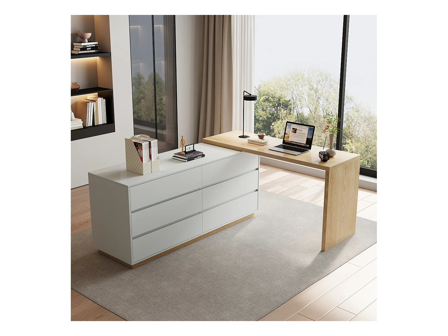 Scrivania a forma di L con 6 cassetti, scrivania per computer con postazione di lavoro regolabile, in legno con piano multifunzione, 140 x 50 x 75 cm, beige