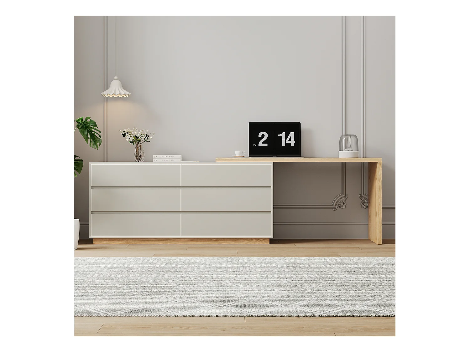 Scrivania a forma di L con 6 cassetti, scrivania per computer con postazione di lavoro regolabile, in legno con piano multifunzione, 140 x 50 x 75 cm, beige