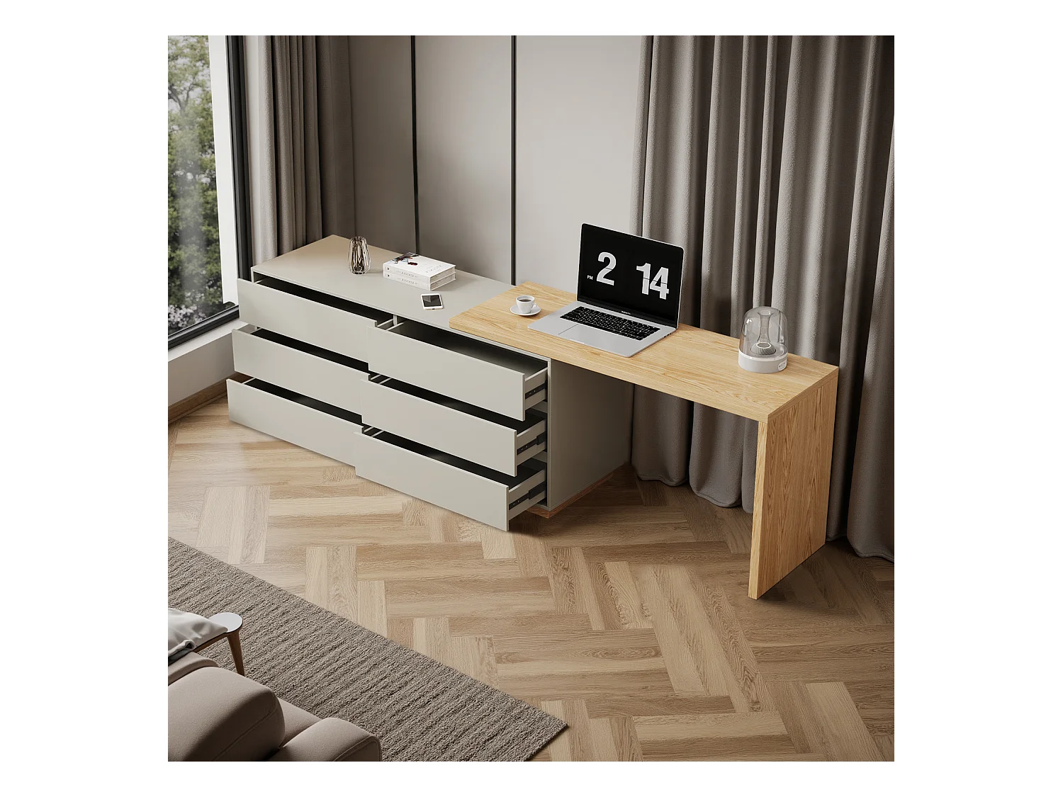 Scrivania a forma di L con 6 cassetti, scrivania per computer con postazione di lavoro regolabile, in legno con piano multifunzione, 140 x 50 x 75 cm, beige