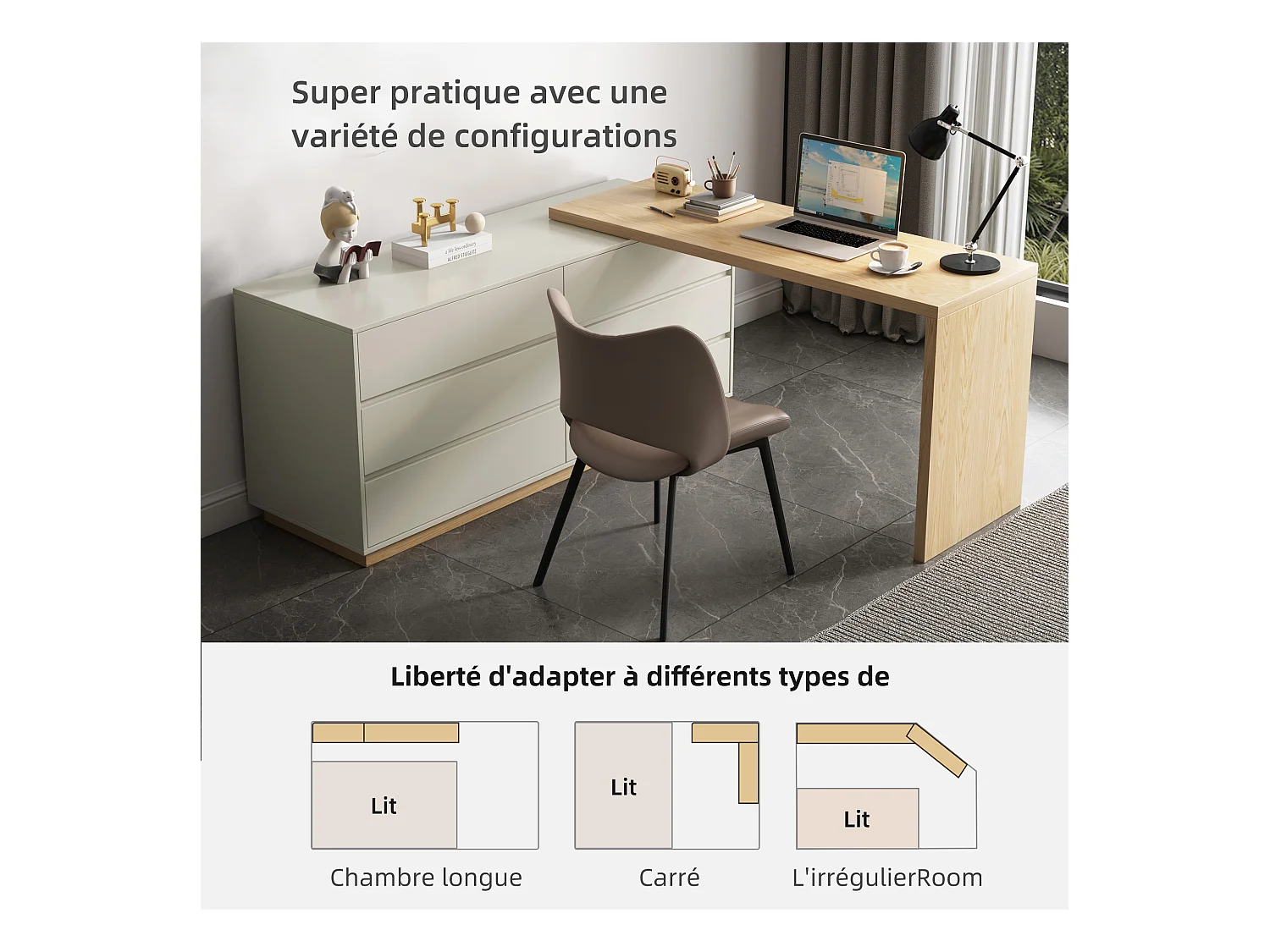 Scrivania a forma di L con 6 cassetti, scrivania per computer con postazione di lavoro regolabile, in legno con piano multifunzione, 140 x 50 x 75 cm, beige