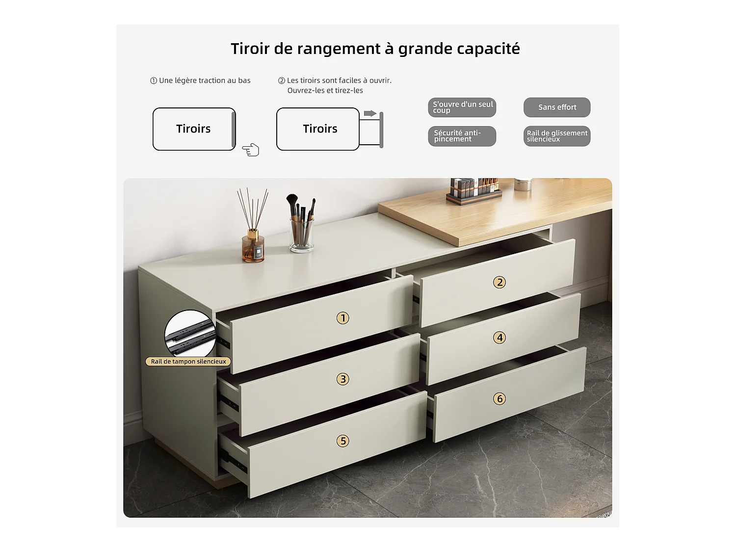 Scrivania a forma di L con 6 cassetti, scrivania per computer con postazione di lavoro regolabile, in legno con piano multifunzione, 140 x 50 x 75 cm, beige