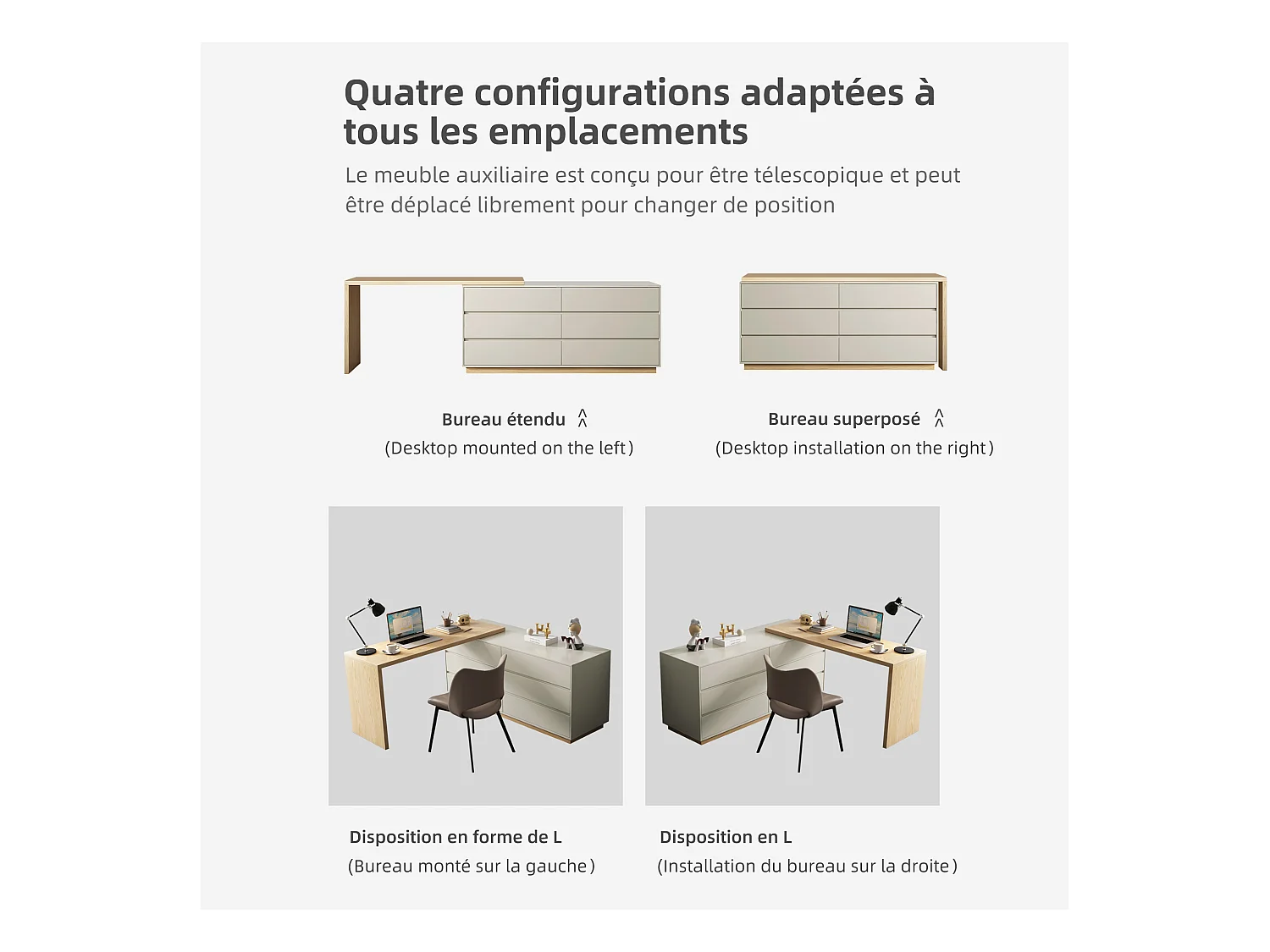 Scrivania a forma di L con 6 cassetti, scrivania per computer con postazione di lavoro regolabile, in legno con piano multifunzione, 140 x 50 x 75 cm, beige