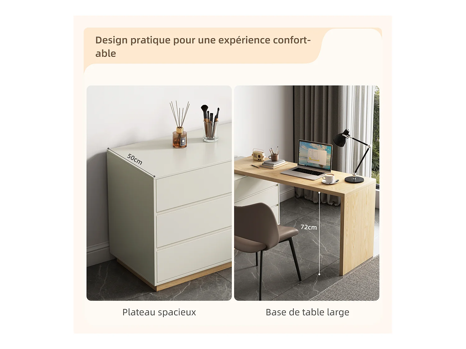 Scrivania a forma di L con 6 cassetti, scrivania per computer con postazione di lavoro regolabile, in legno con piano multifunzione, 140 x 50 x 75 cm, beige