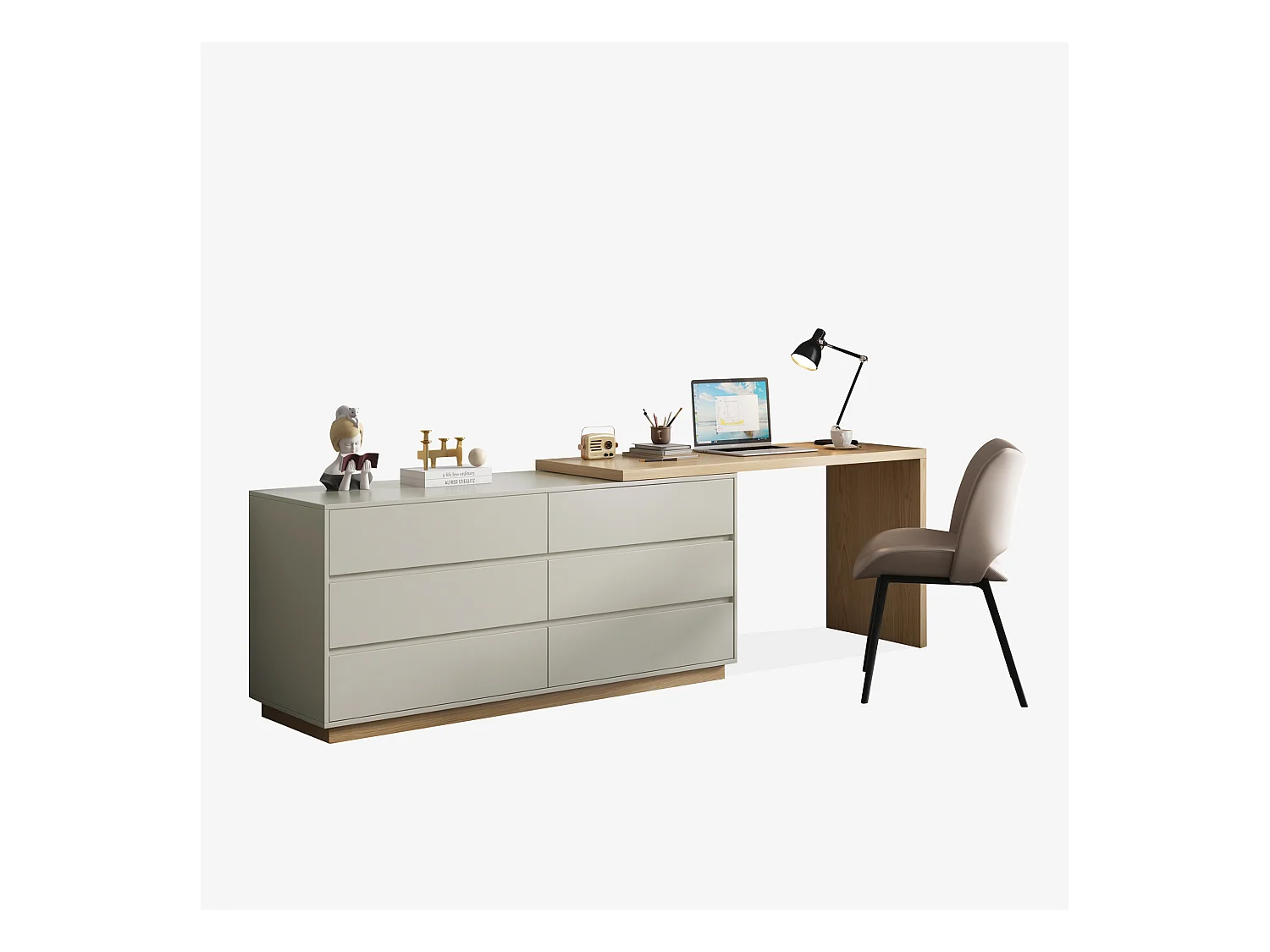 Scrivania a forma di L con 6 cassetti, scrivania per computer con postazione di lavoro regolabile, in legno con piano multifunzione, 140 x 50 x 75 cm, beige