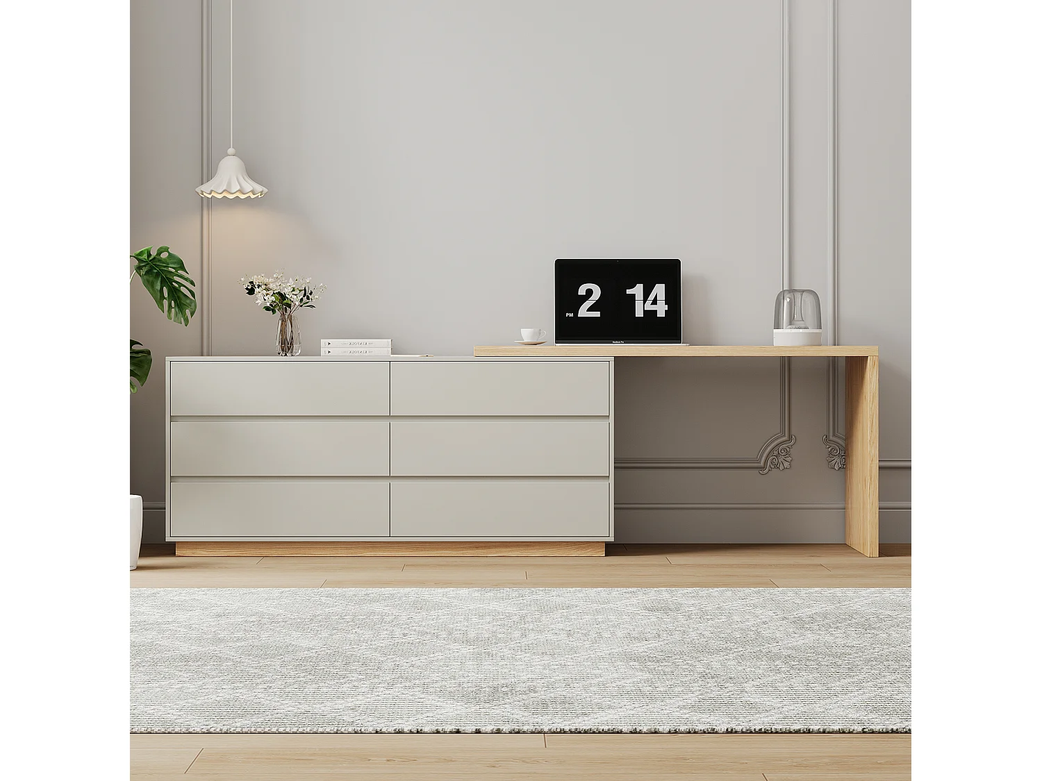 Bureau en forme de L avec 6 tiroirs, bureau d'ordinateur avec poste de travail réglable,  en bois avec plateau multifonction, 140 cm x 50 cm x 75 cm, beige