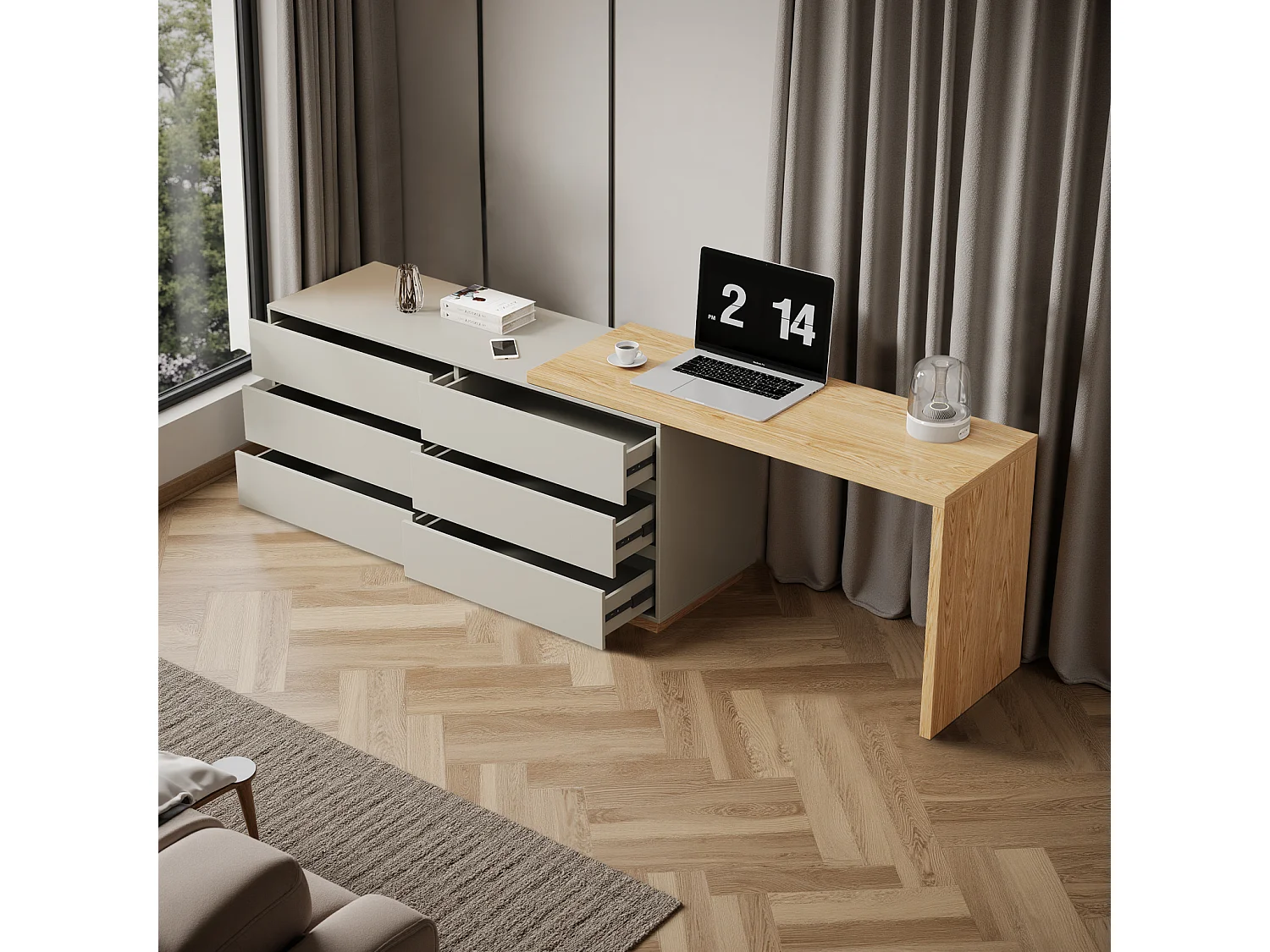 Bureau en forme de L avec 6 tiroirs, bureau d'ordinateur avec poste de travail réglable,  en bois avec plateau multifonction, 140 cm x 50 cm x 75 cm, beige