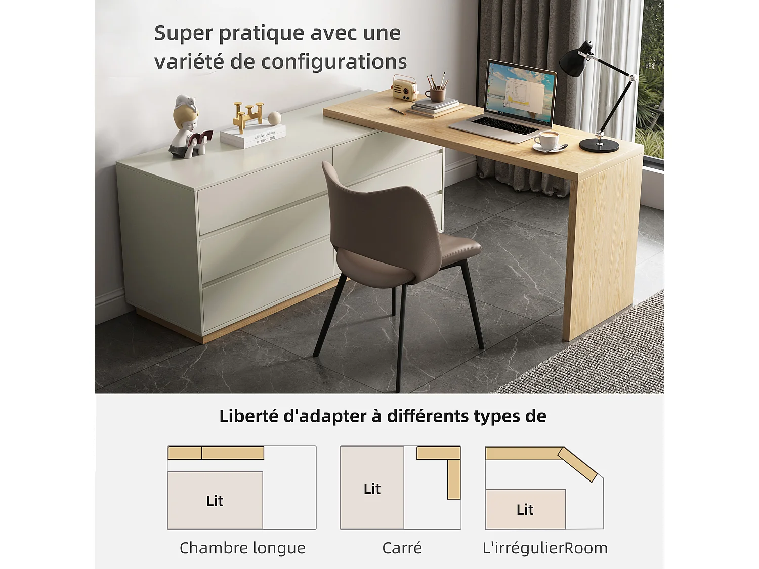 Bureau en forme de L avec 6 tiroirs, bureau d'ordinateur avec poste de travail réglable,  en bois avec plateau multifonction, 140 cm x 50 cm x 75 cm, beige