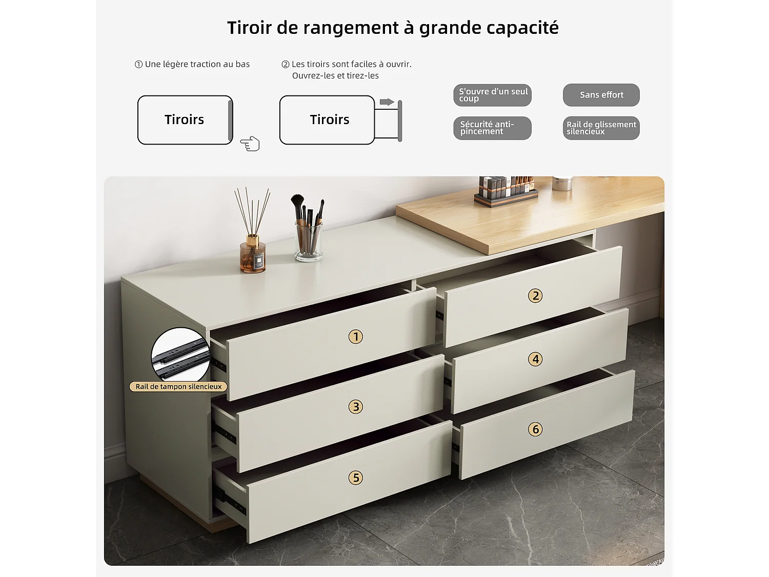 Bureau en forme de L avec 6 tiroirs, bureau d'ordinateur avec poste de travail réglable,  en bois avec plateau multifonction, 140 cm x 50 cm x 75 cm, beige