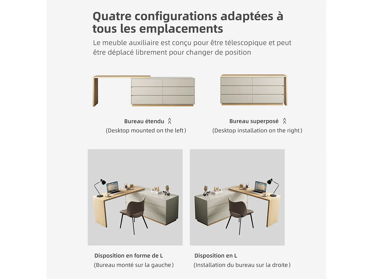 Bureau en forme de L avec 6 tiroirs, bureau d'ordinateur avec poste de travail réglable,  en bois avec plateau multifonction, 140 cm x 50 cm x 75 cm, beige