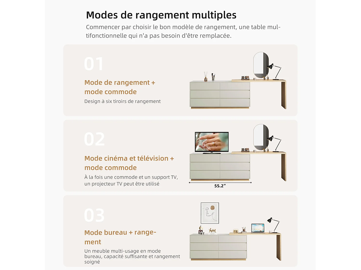 Bureau en forme de L avec 6 tiroirs, bureau d'ordinateur avec poste de travail réglable,  en bois avec plateau multifonction, 140 cm x 50 cm x 75 cm, beige