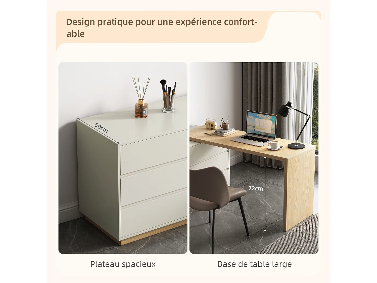 Bureau en forme de L avec 6 tiroirs, bureau d'ordinateur avec poste de travail réglable,  en bois avec plateau multifonction, 140 cm x 50 cm x 75 cm, beige