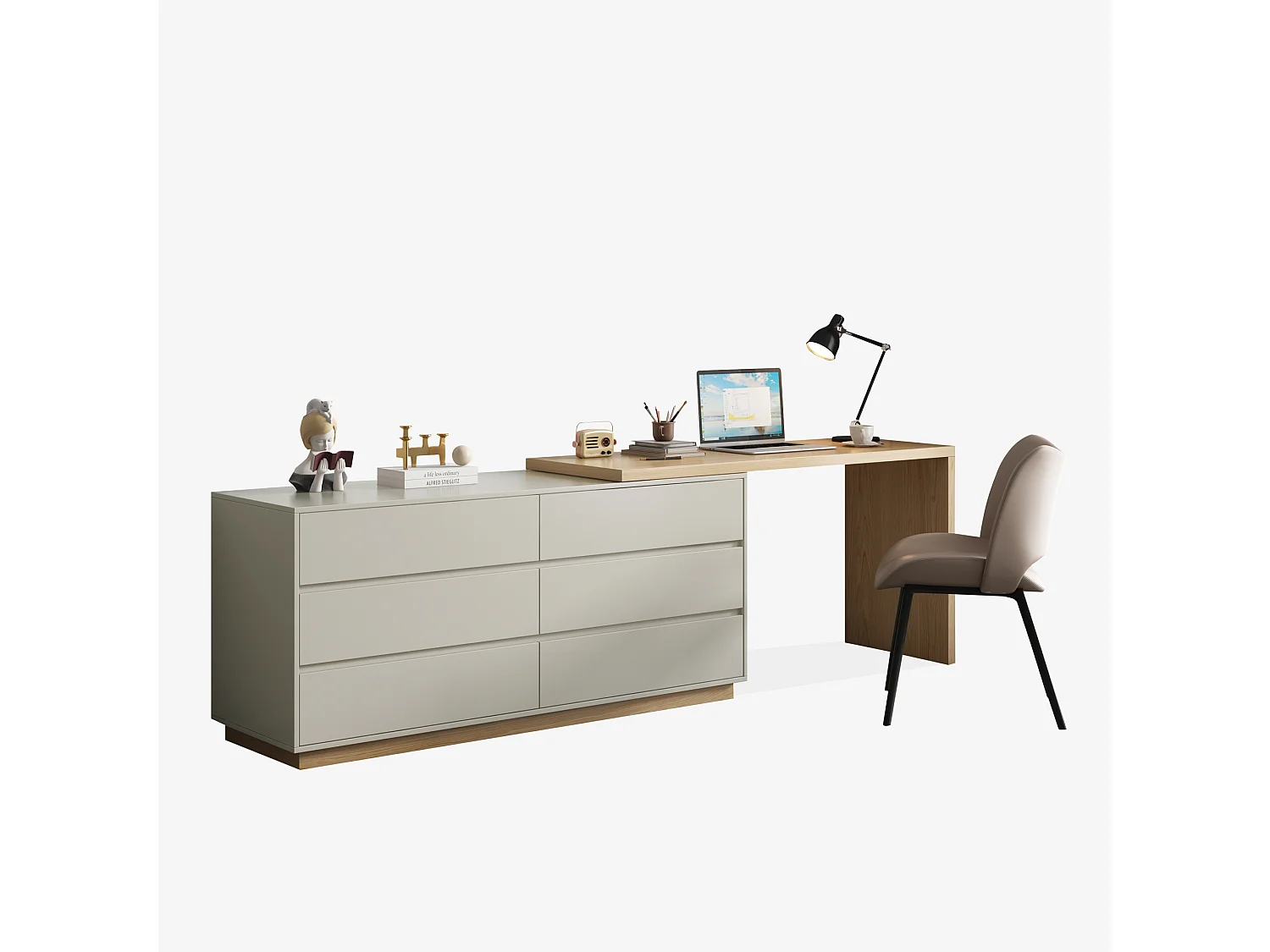 Bureau en forme de L avec 6 tiroirs, bureau d'ordinateur avec poste de travail réglable,  en bois avec plateau multifonction, 140 cm x 50 cm x 75 cm, beige