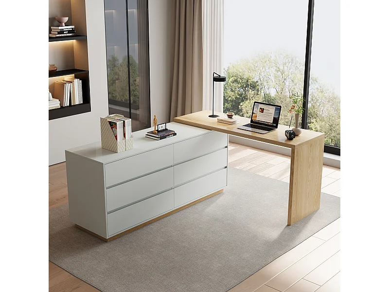 Escritorio en forma de L con 6 cajones, escritorio de ordenador con estación de trabajo ajustable, de madera con tablero multifuncional, 140 x 50 x 75 cm, beige