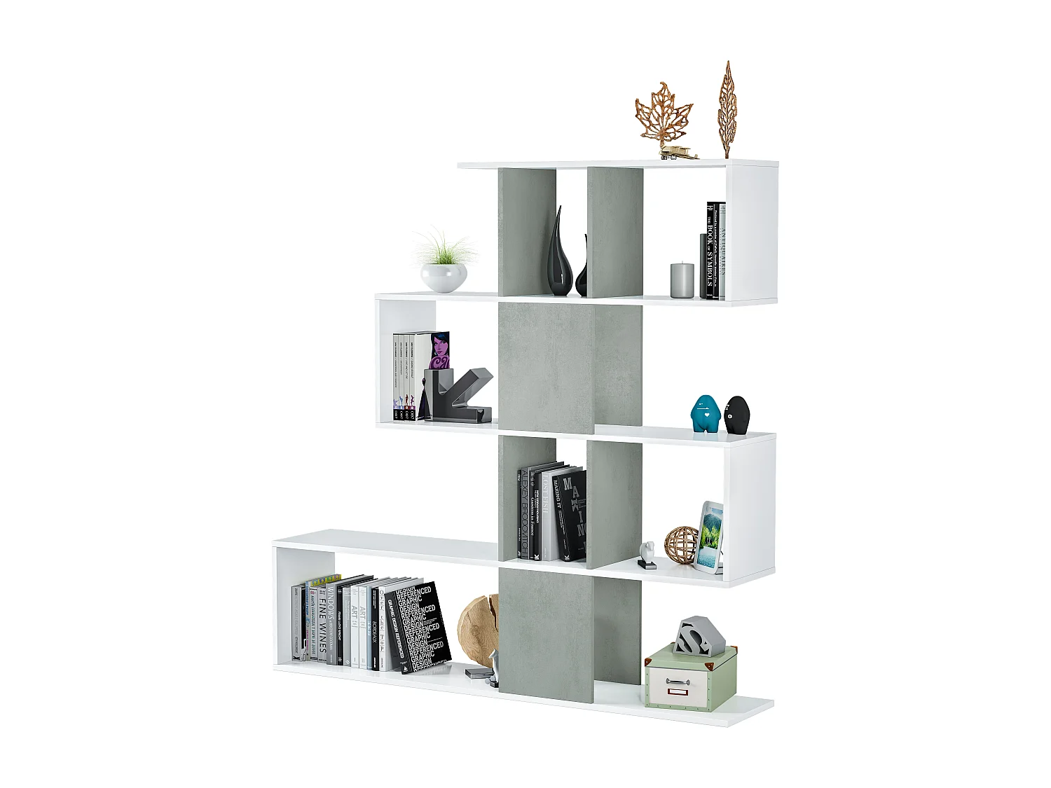 Libreria Elche Design Zig Zag Scaffale Mensola Moderna Mobile per Libri con Ripiani per Soggiorno Salotto 145 x 145 x 29 cm (Colore Bianco e Grigio Cemento)