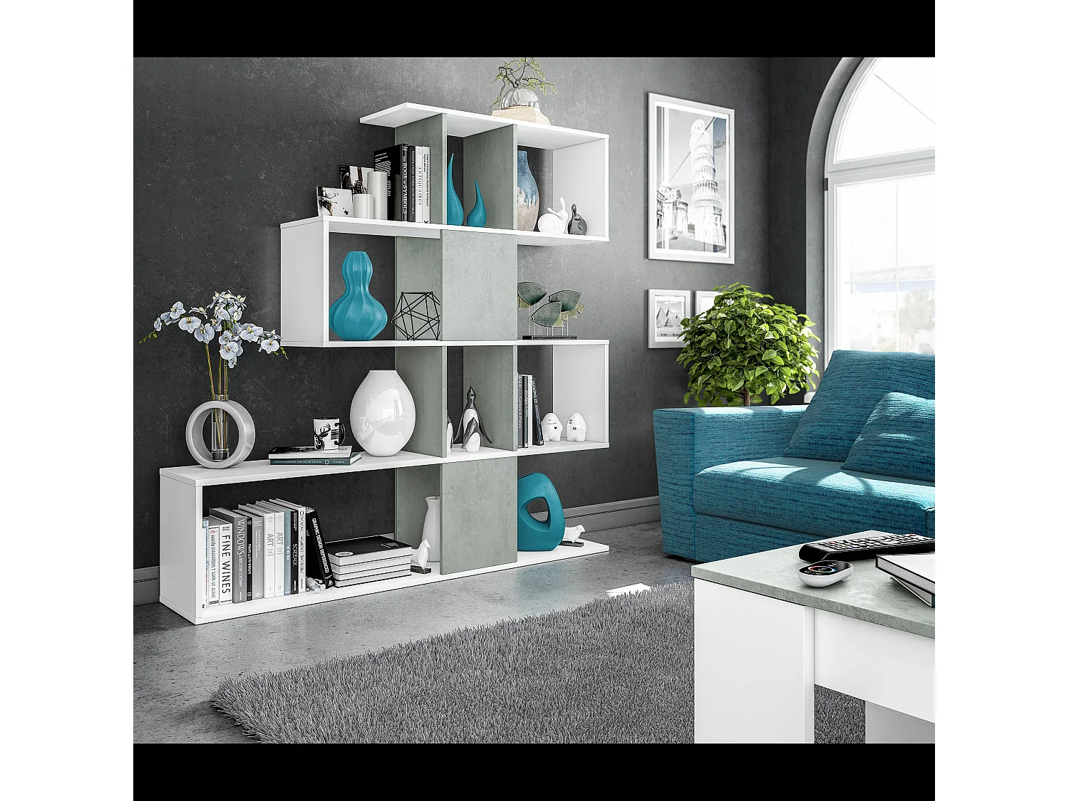 Libreria Elche Design Zig Zag Scaffale Mensola Moderna Mobile per Libri con Ripiani per Soggiorno Salotto 145 x 145 x 29 cm (Colore Bianco e Grigio Cemento)