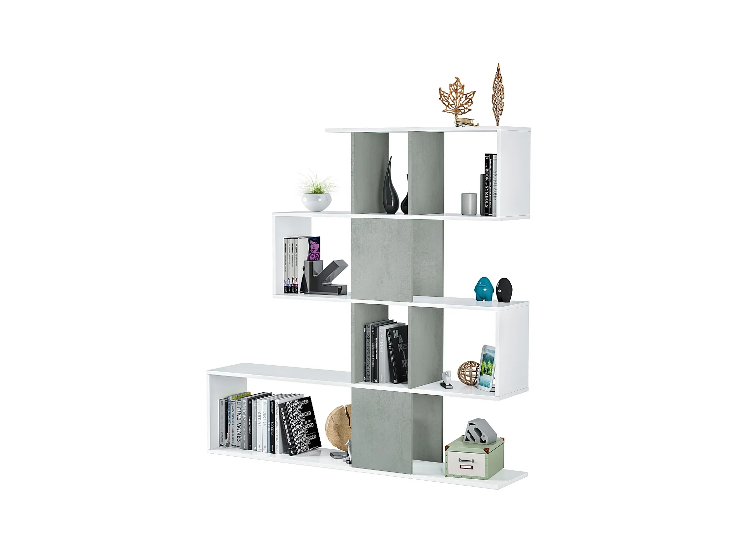 Libreria Elche Design Zig Zag Scaffale Mensola Moderna Mobile per Libri con Ripiani per Soggiorno Salotto 145 x 145 x 29 cm Bianco e Grigio Cemento