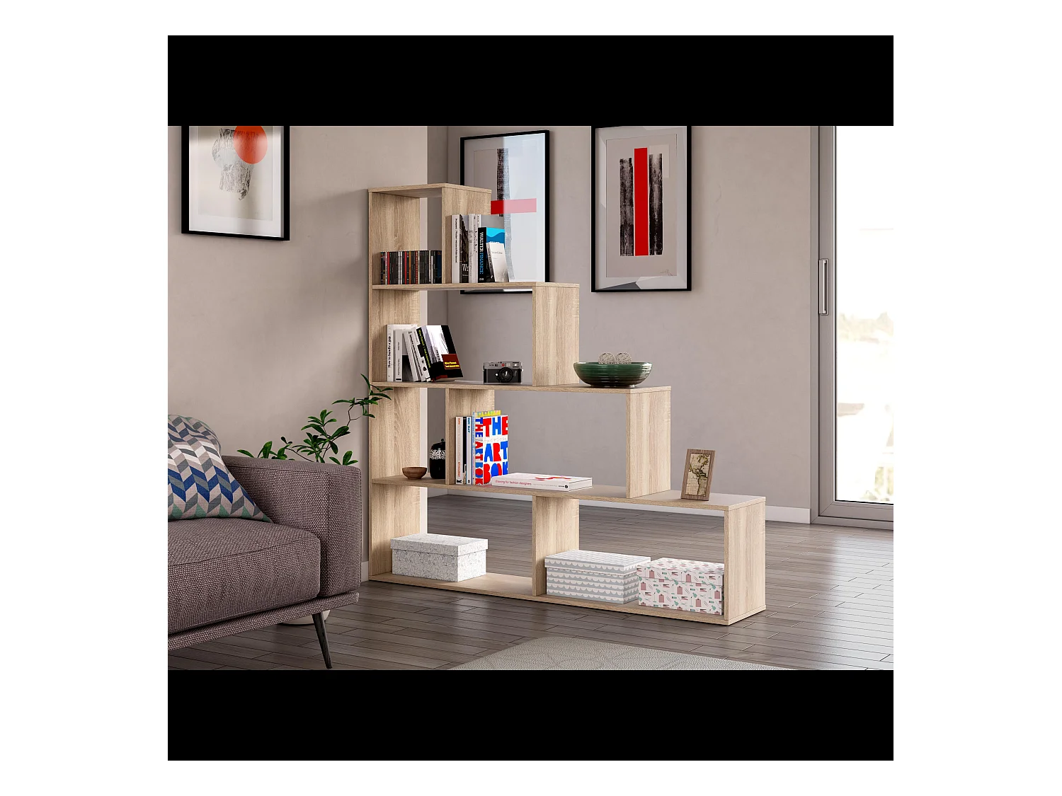 Libreria Scaffale Multiuso Con 6 Ripiani Per Soggiorno Salotto Camera Cameretta Design Moderno Modulabile Piedini Antigraffio 145x145x29 Cm  Rovere