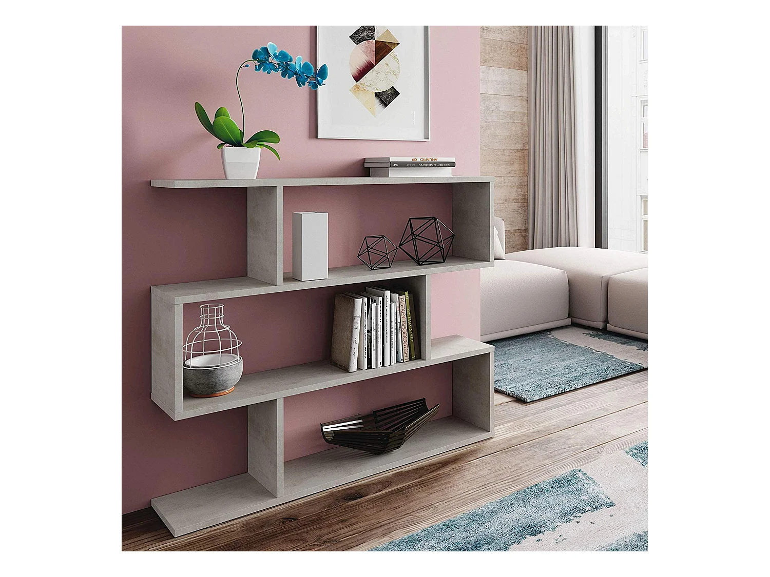 Libreria Friburgo Design Scaffale Mensola Moderna Grigio Cemento Mobile per Libri con Ripiani per Soggiorno Salotto 110 x 97 x 25 cm (Colore Grigio Cemento)