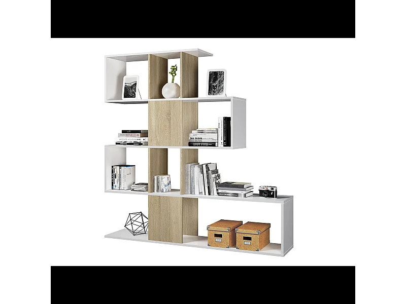 Libreria Elche Design Zig Zag Scaffale Mensola Moderna Bianca Rovere Mobile per Libri con Ripiani per Soggiorno Salotto 145 x 145 x 29 cm (Colore Bianco e Rovere)