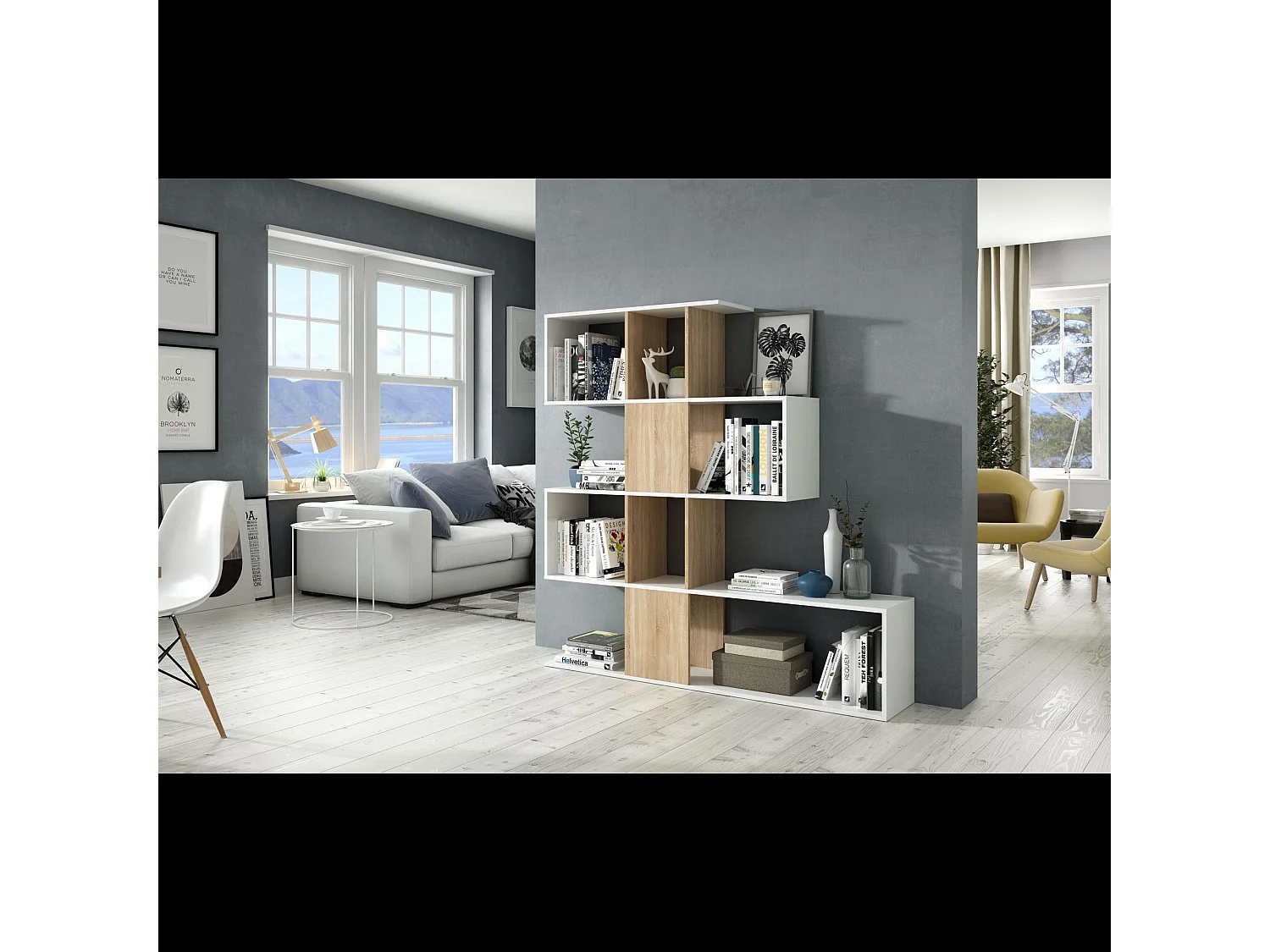Libreria Elche Design Zig Zag Scaffale Mensola Moderna Bianca Rovere Mobile per Libri con Ripiani per Soggiorno Salotto 145 x 145 x 29 cm (Colore Bianco e Rovere)