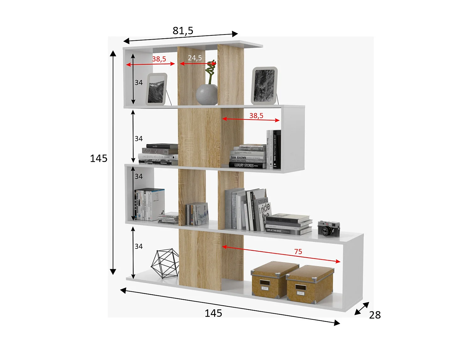 Libreria Elche Design Zig Zag Scaffale Mensola Moderna Bianca Rovere Mobile per Libri con Ripiani per Soggiorno Salotto 145 x 145 x 29 cm (Colore Bianco e Rovere)