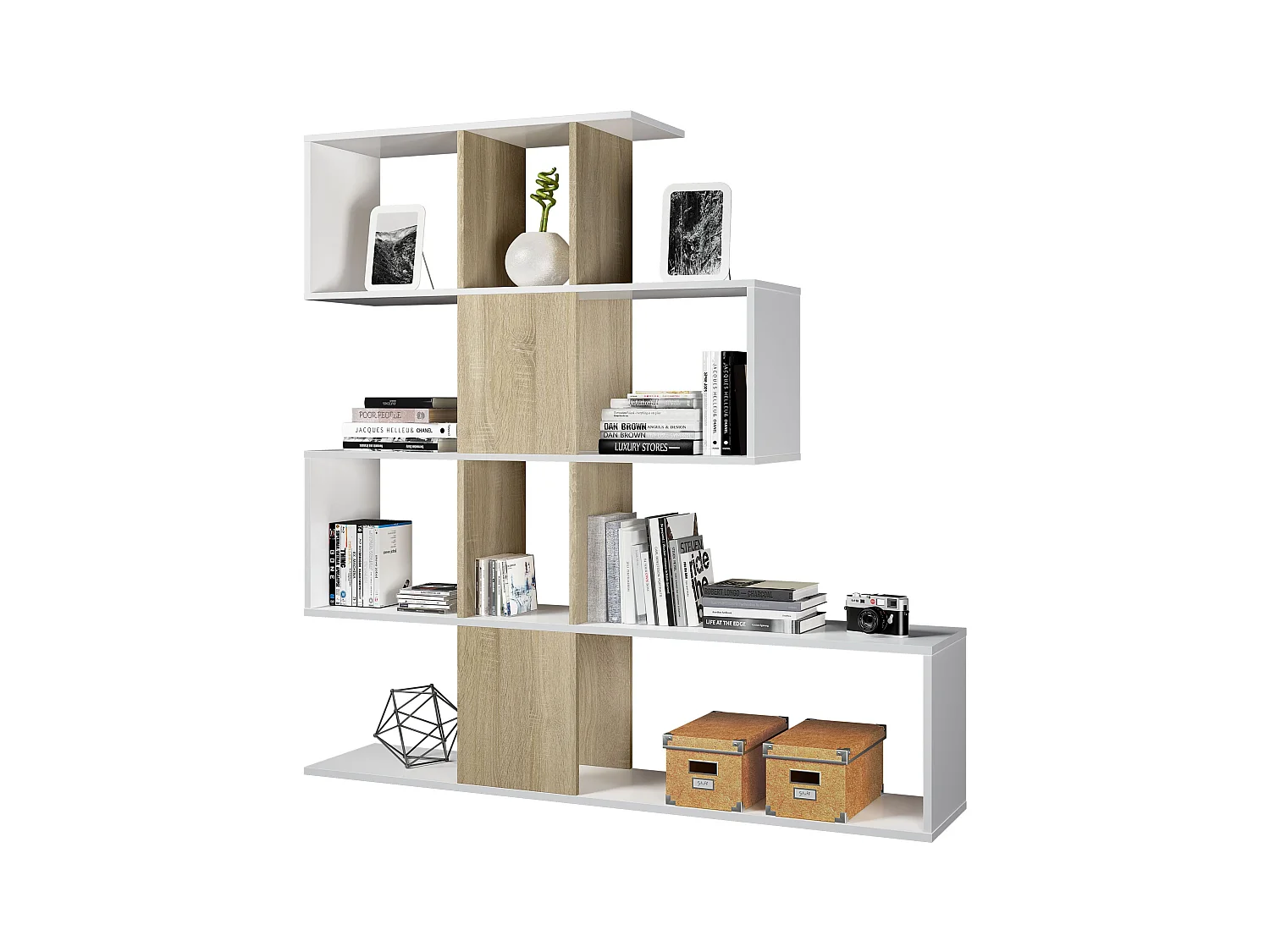 Libreria Elche Design Zig Zag Scaffale Mensola Moderna Bianca Rovere Mobile per Libri con Ripiani per Soggiorno Salotto 145 x 145 x 29 cm (Colore Bianco e Rovere)