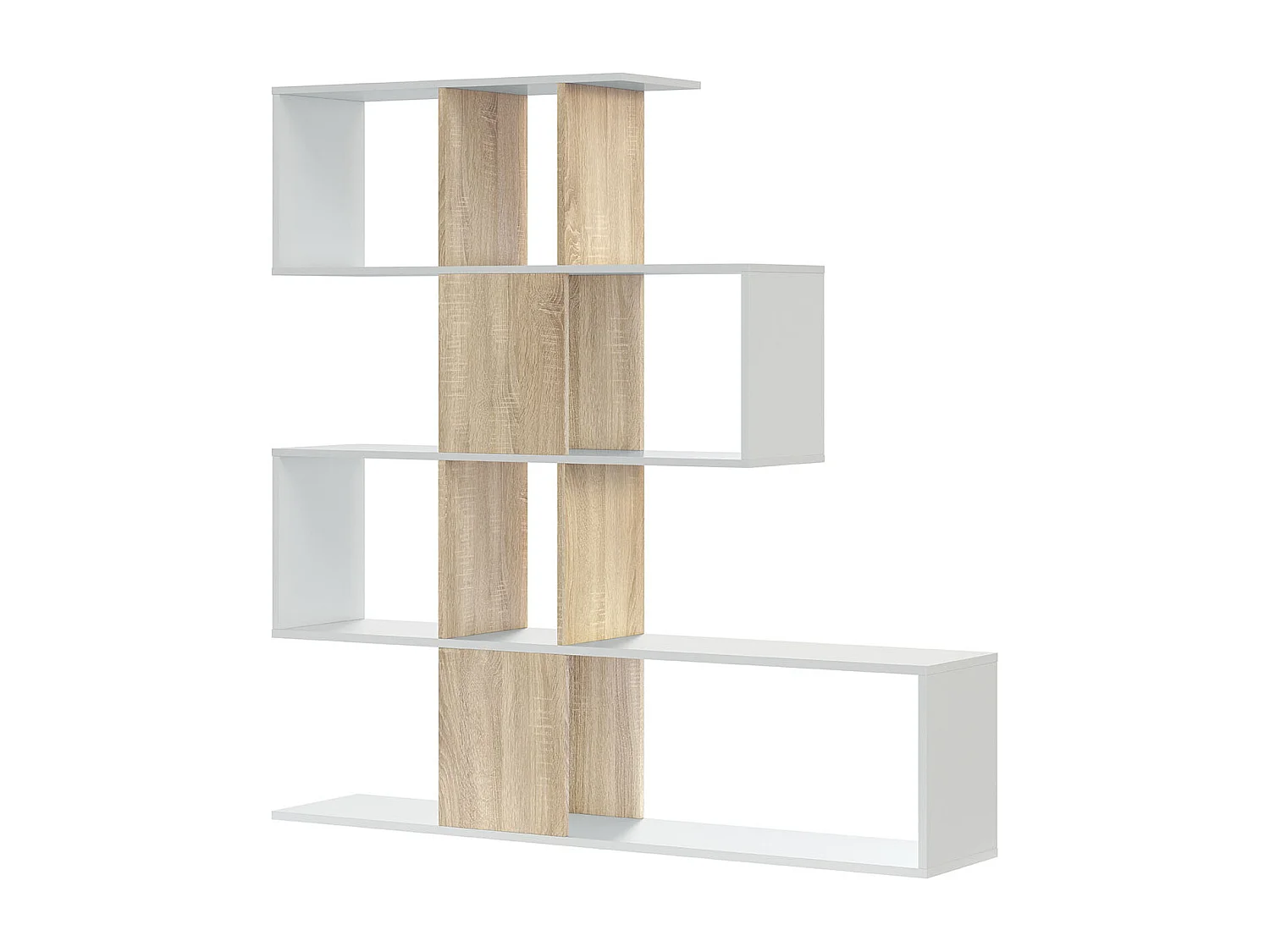 Libreria Elche Design Zig Zag Scaffale Mensola Moderna Bianca Rovere Mobile per Libri con Ripiani per Soggiorno Salotto 145 x 145 x 29 cm (Colore Bianco e Rovere)