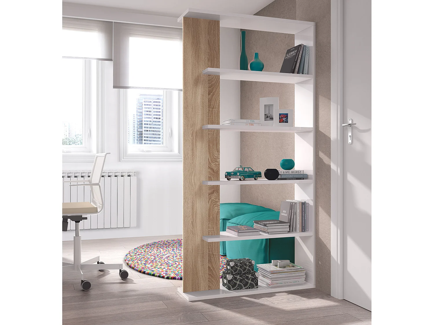 Libreria Santa Cruz Design Scaffale Mensola Moderna Bianca Rovere Chiaro Mobile Per Libri Con Ripiani Per Soggiorno Salotto 180 x 90 x 25 cm Colore Bianco e Rovere