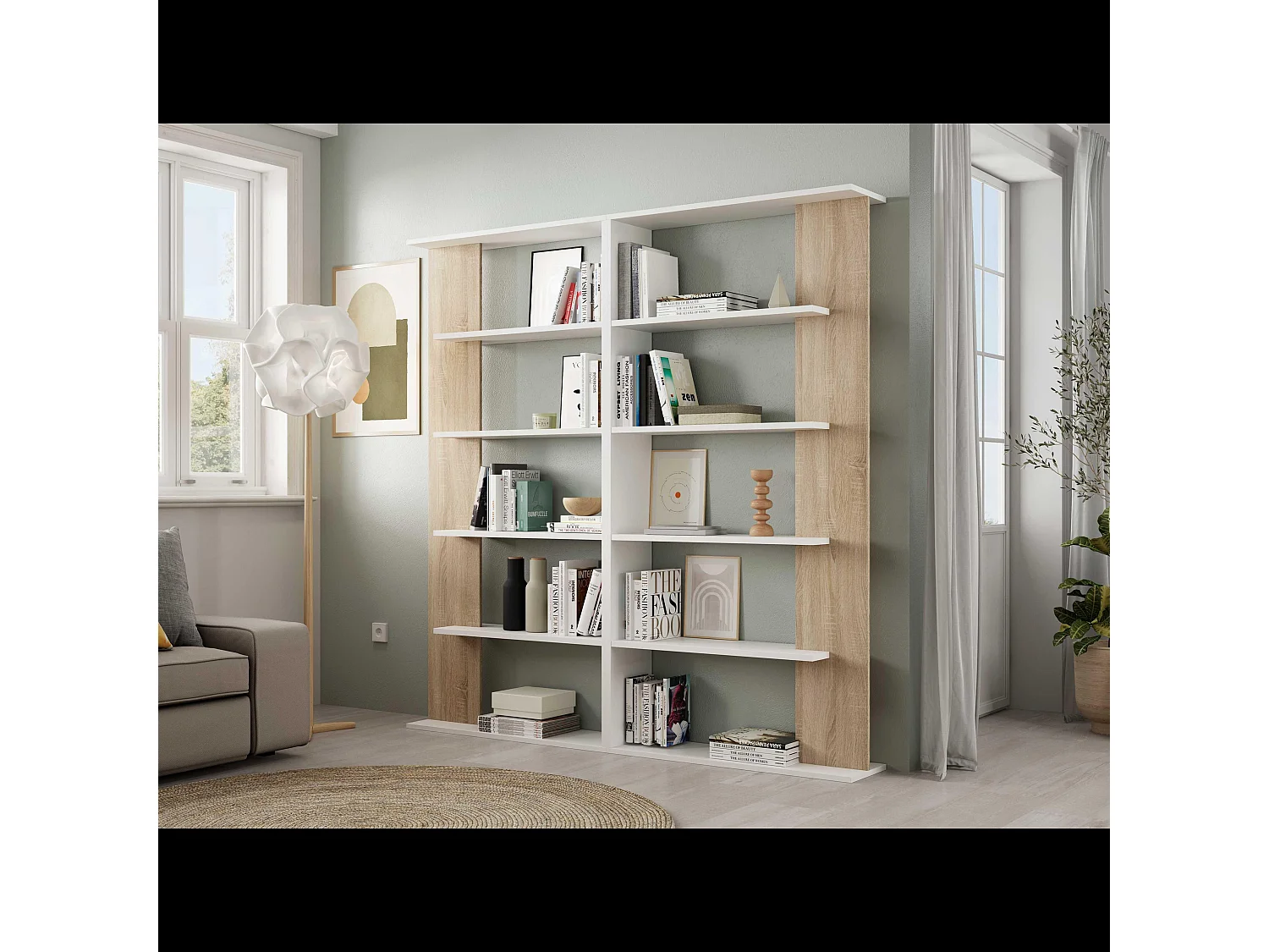 Libreria Santa Cruz Design Scaffale Mensola Moderna Bianca Rovere Chiaro Mobile Per Libri Con Ripiani Per Soggiorno Salotto 180 x 90 x 25 cm Colore Bianco e Rovere