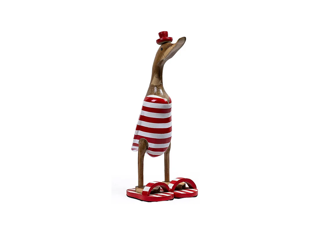 Statuette décorative 40 cm canard rouge blanc rayé en teck – DAFLY