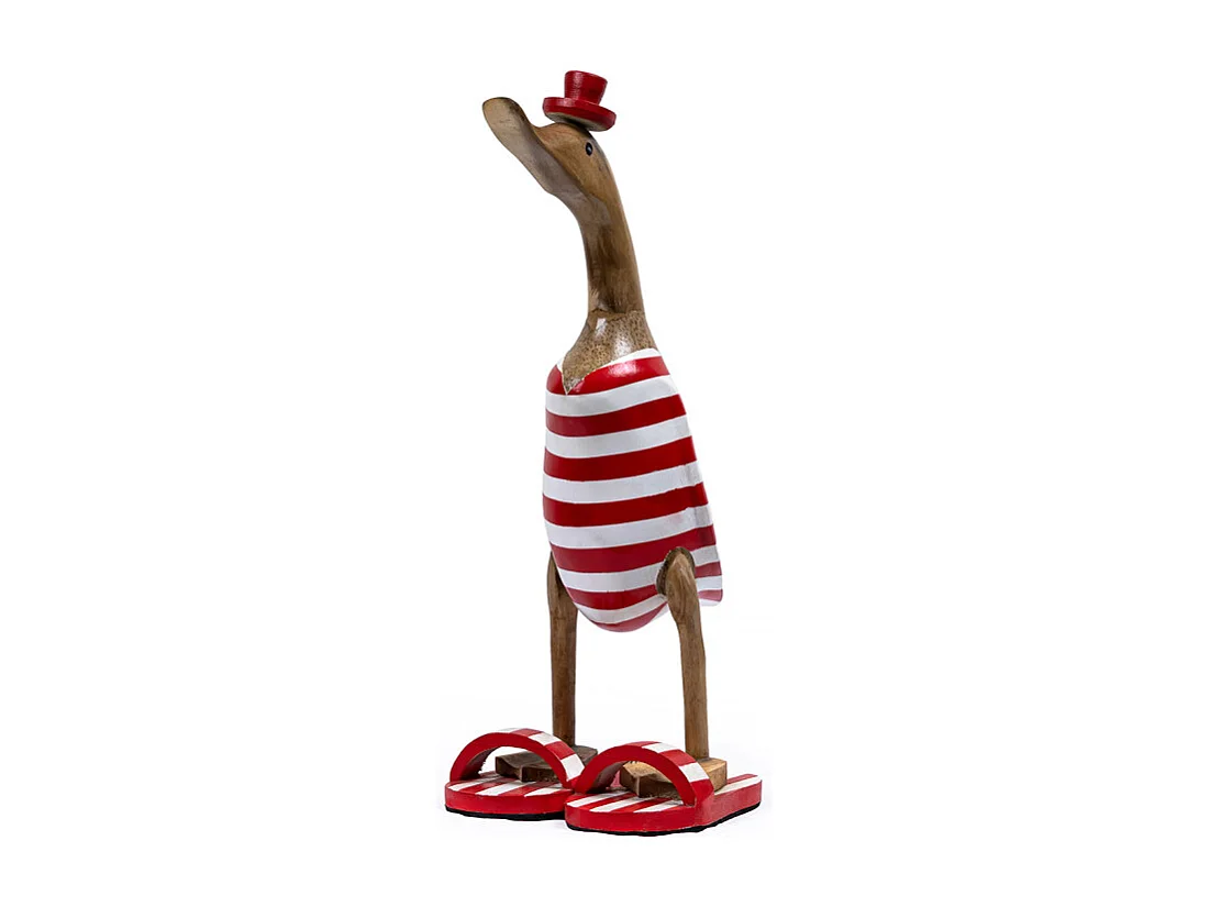 Statuette décorative 40 cm canard rouge blanc rayé en teck – DAFLY