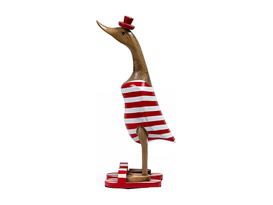 Statuette décorative 40 cm canard rouge blanc rayé en teck – DAFLY