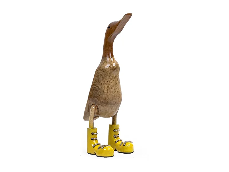 Statuette décorative H. 40 cm canard bottes jaunes en bois de teck – DAFLY