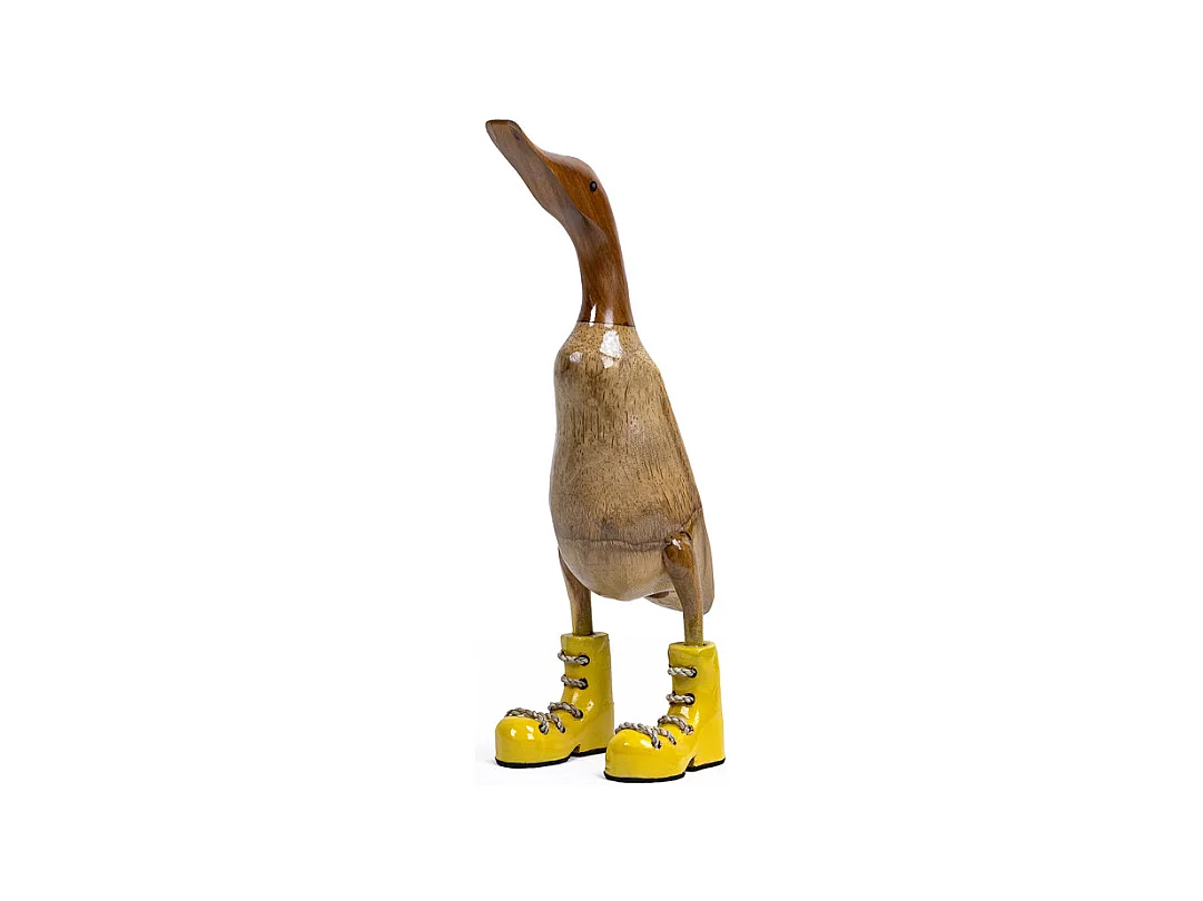 Statuette décorative H. 40 cm canard bottes jaunes en bois de teck – DAFLY