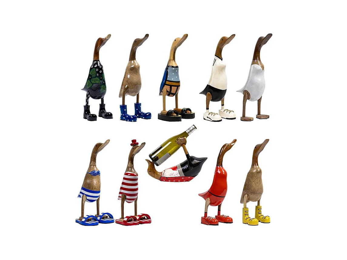 Statuette décorative H. 40 cm canard bottes jaunes en bois de teck – DAFLY