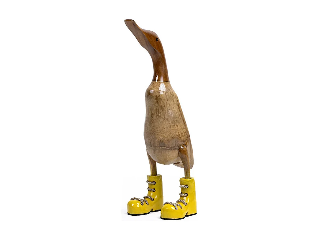 Statuette décorative H. 40 cm canard bottes jaunes en bois de teck – DAFLY
