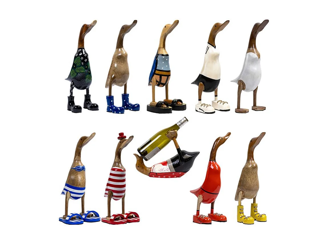 Statuette décorative H. 40 cm canard bottes jaunes en bois de teck – DAFLY