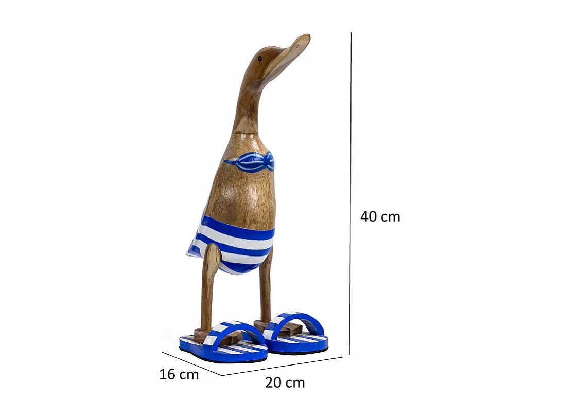 Statuette décorative 40 cm canard bleu blanc rayé en teck – DAFLY